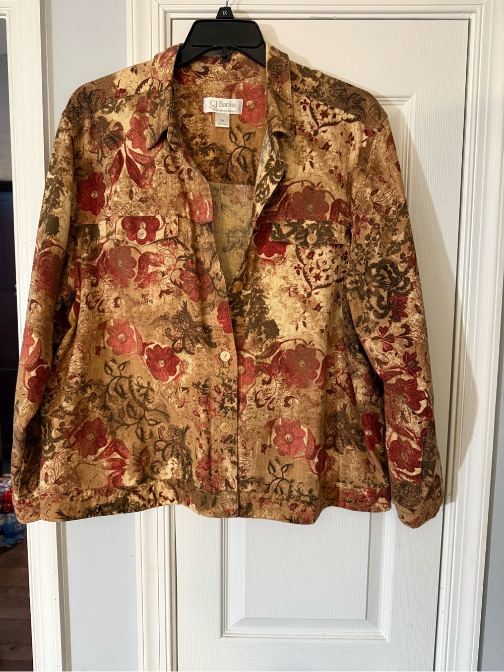 CJ Banks Women's Floral Button-Up Jacket in Maroon and Tan